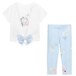 Lapin House-طقم ليغنغز وتوب قطن جيرسي لون أبيض وأزرق للبنات | Childrensalon Outlet