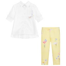 Lapin House-طقم ليغنغز وبلوز قطن لون أبيض وأصفر | Childrensalon Outlet