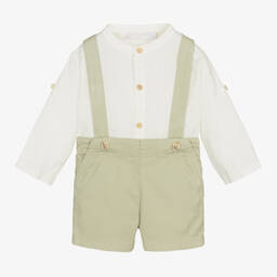 لارانجينا-طقم شورت قطن وكتان لون أخضر وعاجي للمواليد | Childrensalon Outlet