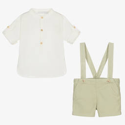 لارانجينا-طقم شورت قطن وكتان لون أخضر وعاجي للمواليد | Childrensalon Outlet