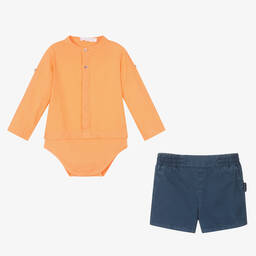 لارانجينا-طقم شورت مزيج قطن وكتان لون برتقالي وكحلي | Childrensalon Outlet