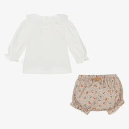Laranjinha-طقم شورت بطبعة ورود قطن كوردروي لون بيج وعاجي | Childrensalon Outlet