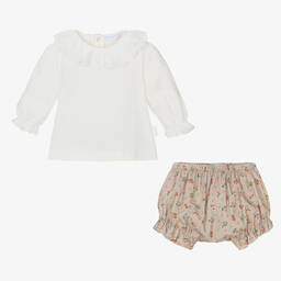 Laranjinha-طقم شورت بطبعة ورود قطن كوردروي لون بيج وعاجي | Childrensalon Outlet