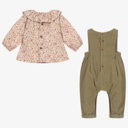 Laranjinha-Baby Girls Green Dungaree Set | Childrensalon Outlet