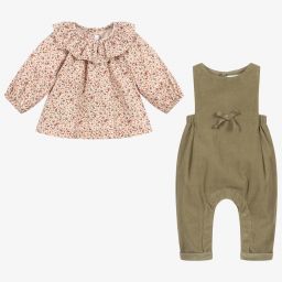Laranjinha-Baby Girls Green Dungaree Set | Childrensalon Outlet