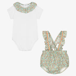 Laranjinha-طقم شورت قطن لون أخضر أكوا وأبيض للمولودات | Childrensalon Outlet