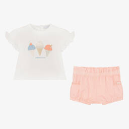 لارانجينا-طقم شورت قطن لون أبيض وزهري للمولودات | Childrensalon Outlet