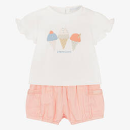 لارانجينا-طقم شورت قطن لون أبيض وزهري للمولودات | Childrensalon Outlet