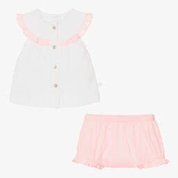 Laranjinha-طقم شورت قطن لون أبيض وزهري للمولودات | Childrensalon Outlet