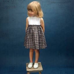 Chic by Laranjinha-فستان قطن وكتّان لون أبيض، بيج ورمادي | Childrensalon Outlet