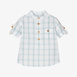 Laranjinha-قميص مزيج قطن وكتان كاروهات لون أبيض وأزرق للأولاد | Childrensalon Outlet