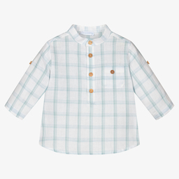 Laranjinha-قميص مزيج قطن وكتان كاروهات لون أبيض وأزرق للأولاد | Childrensalon Outlet