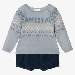 Laranjinha-Blue Fair Isle Wool Shorts Set | Childrensalon Outlet