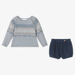 Laranjinha-Blue Fair Isle Wool Shorts Set | Childrensalon Outlet