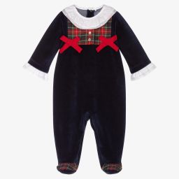 Laranjinha-Blue Velour & Tartan Babygrow | Childrensalon Outlet