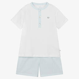 Laranjinha-Boys Aqua Blue & White Cotton Pyjamas | Childrensalon Outlet