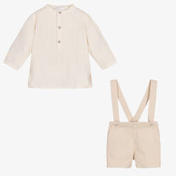 Laranjinha-Boys Beige Cotton Shorts Set | Childrensalon Outlet