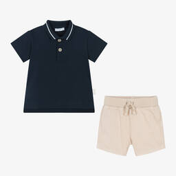 Laranjinha-Boys Beige & Navy Blue Cotton Shorts Set | Childrensalon Outlet