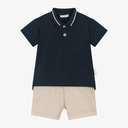 Laranjinha-Boys Beige & Navy Blue Cotton Shorts Set | Childrensalon Outlet