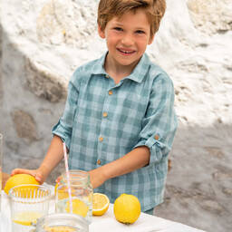 Laranjinha-Boys Blue Check Cotton Shirt | Childrensalon Outlet