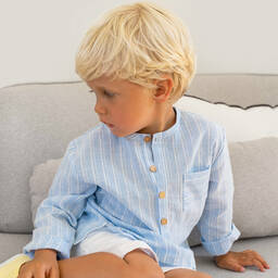 Laranjinha-Голубая рубашка из хлопка и льна в полоску | Childrensalon Outlet