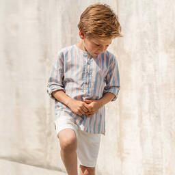 Laranjinha-Boys Blue Stripe Cotton Popover Shirt | Childrensalon Outlet