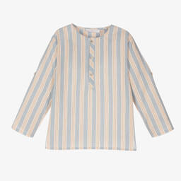 Laranjinha-Boys Blue Stripe Cotton Popover Shirt | Childrensalon Outlet