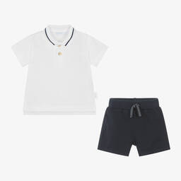 Laranjinha-Boys White & Navy Blue Cotton Shorts Set | Childrensalon Outlet