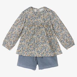 Laranjinha-Girls Blue Cotton Blouse & Shorts Set | Childrensalon Outlet