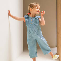 Laranjinha-Girls Blue Cotton Frill Jumpsuit | Childrensalon Outlet
