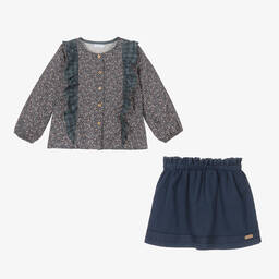 لارانجينا-طقم تنورة قطن لون أزرق بطبعة ورود | Childrensalon Outlet