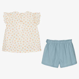 Laranjinha-Girls Floral Ivory & Blue Shorts Set | Childrensalon Outlet