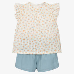 Laranjinha-Girls Floral Ivory & Blue Shorts Set | Childrensalon Outlet