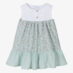 Laranjinha-Girls Green Floral Gingham Cotton Dress | Childrensalon Outlet