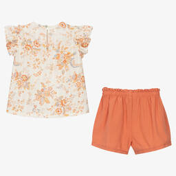 Laranjinha-Кремовый топ в цветочек и оранжевые шорты | Childrensalon Outlet