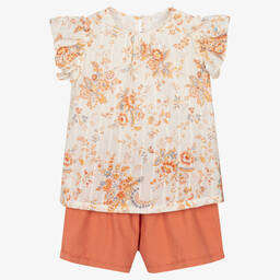 Laranjinha-Кремовый топ в цветочек и оранжевые шорты | Childrensalon Outlet