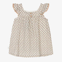 Laranjinha-Girls Pale Beige Floral Print Dress | Childrensalon Outlet