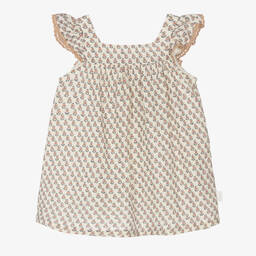 Laranjinha-Girls Pale Beige Floral Print Dress | Childrensalon Outlet