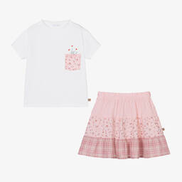 Laranjinha-Girls Pink Cotton & Linen Floral Skirt Set | Childrensalon Outlet