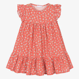 لارانجينا-فستان كتان وفيسكوز لون أحمر بطبعة ورود للبنات | Childrensalon Outlet