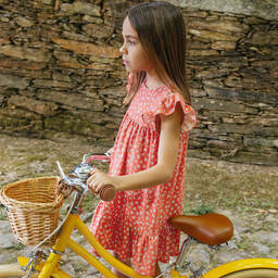 لارانجينا-فستان كتان وفيسكوز لون أحمر بطبعة ورود للبنات | Childrensalon Outlet