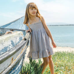 Laranjinha-Girls Striped Blue Cotton Sundress | Childrensalon Outlet