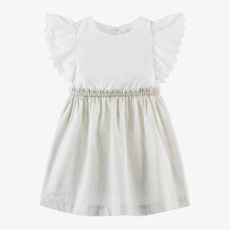 Laranjinha-Girls White & Beige Stripe Dress | Childrensalon Outlet
