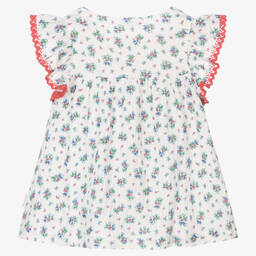 Laranjinha-Girls White & Blue Floral Cotton Blouse | Childrensalon Outlet