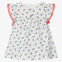 Laranjinha-Girls White & Blue Floral Cotton Blouse | Childrensalon Outlet