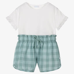 Laranjinha-Girls White & Blue Gingham Shorts Set | Childrensalon Outlet