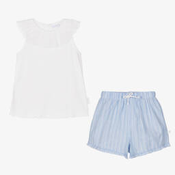 Laranjinha-Girls White & Blue Shorts Set | Childrensalon Outlet