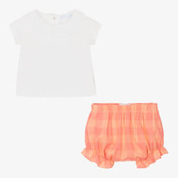 لارانجينا-طقم شورت وتوب قطن لون أبيض وزهري مرجاني | Childrensalon Outlet