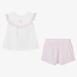 Laranjinha-Girls White & Pink Cotton Short Pyjamas | Childrensalon Outlet
