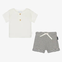 Laranjinha-Ivory & Blue Cotton Shorts Set | Childrensalon Outlet